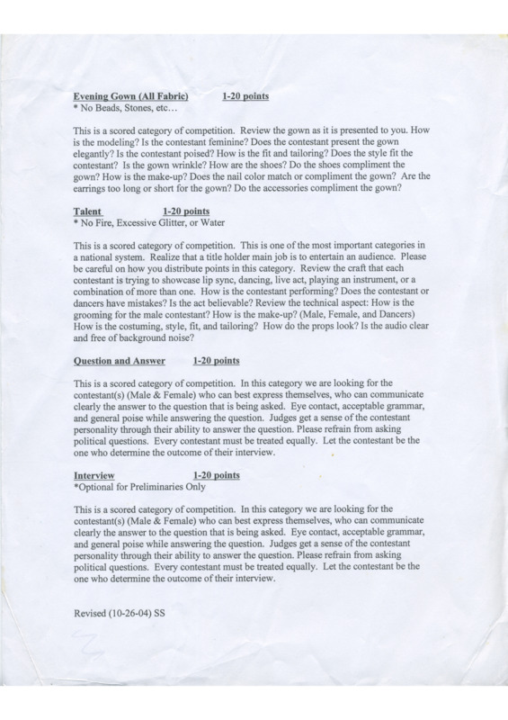 Second page of a document outlining the category information of Black American Pageantry. The text includes the categories of "Evening Gown (All Fabric)," "Talent," "Question and Answer," and "Interview". 