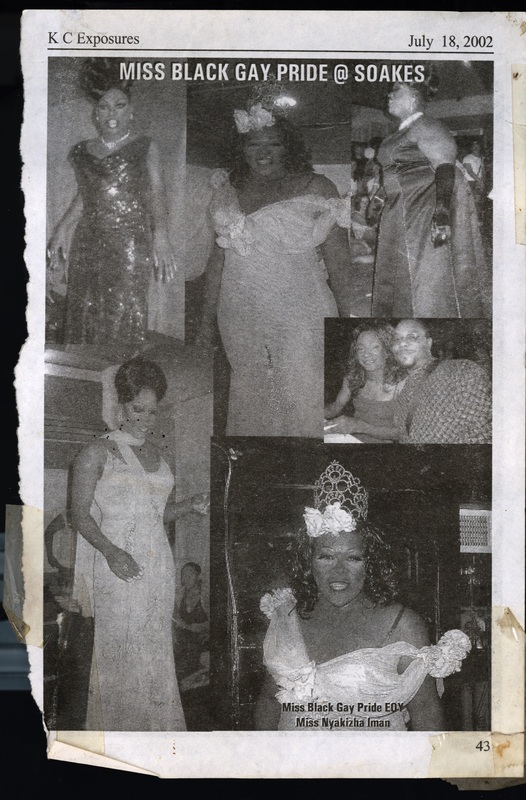A magazine page with B&W images of performers at the "Miss Black Gay Pride" pageant of Soakie's.