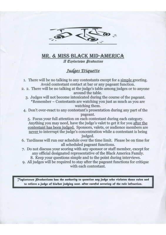 A document outlining "Judges Etiquette" for "Mr. and Miss Black Mid-America". 