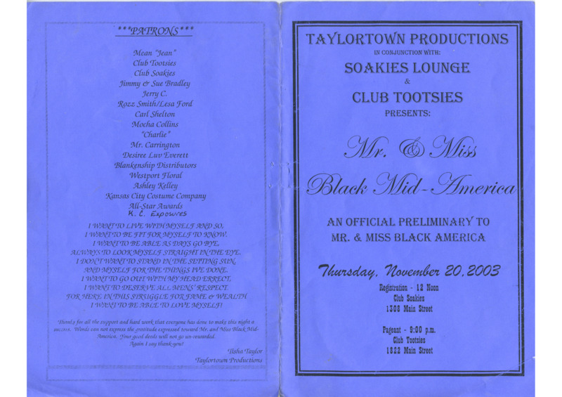 A program for "Mr. & Miss Black Mid-America", a pageant held at Soakie's on November 20, 2003. The document features details on the event schedule, emcees, judges, and Soakie's specials throughout the week.