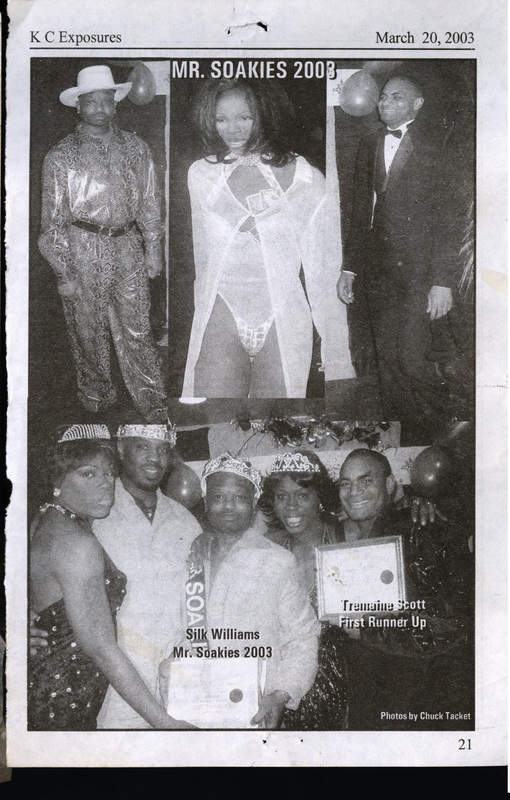 Four black and white photo panels printed in a newspaper. The top three panels are all entrants in Mr. and Miss Soakie's; the bottom panel shows winner of the 2003 competition, Silk Williams, alongside friends and runner-up, Tremaine Scott.
