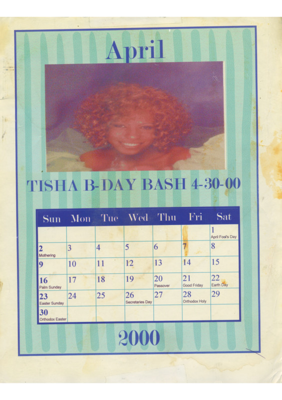 A calendar for April 2000 with a headshot of Tisha Taylor. The image is in color with verticle stripes in the background. 