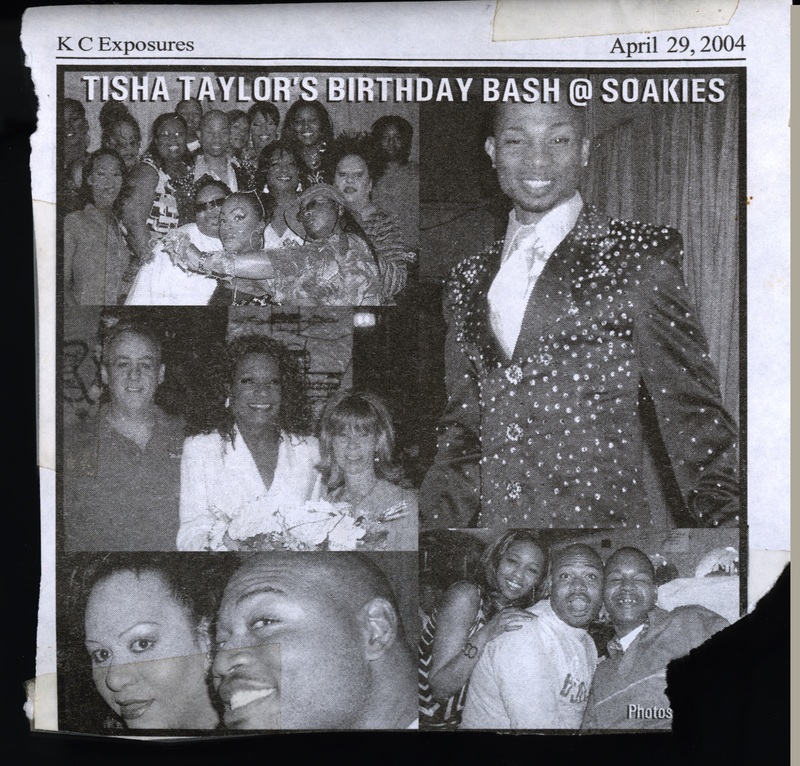 A clipping from the magazine, KC Exposures, displays images from Tisha Taylor's 2004 Birthday Bash at Soakie's.