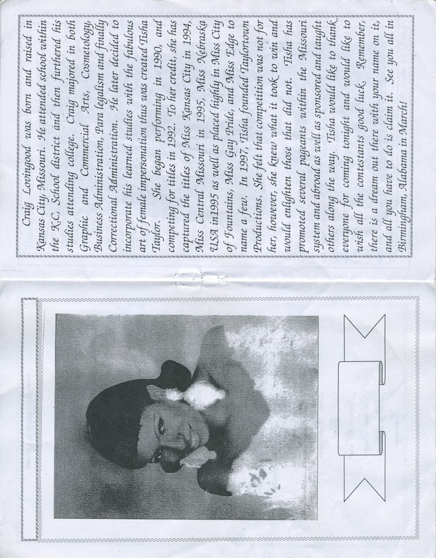 Page 4 and 5 for "Mr. & Miss Black Mid-America" program. A picture of Craig Lovingood as Tisha Taylor alongside her bio.