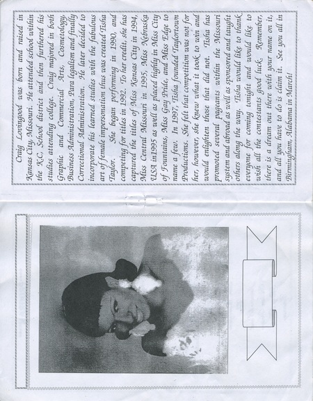 Page 4 and 5 for "Mr. & Miss Black Mid-America" program. A picture of Craig Lovingood as Tisha Taylor alongside her bio.