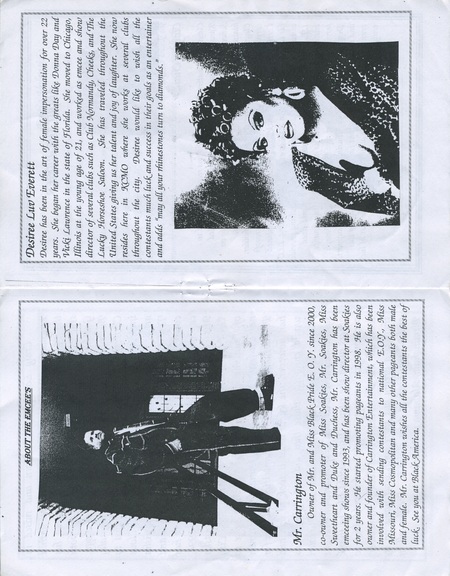 Page 6 and 7 for "Mr. & Miss Black Mid-America" program. Pictures and bio for emcees of the pageant, Gary Carrington and Desiree Luv Everett.