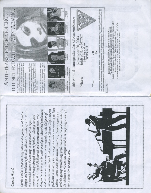 Page 11 and 12 for "Mr. & Miss Black Mid-America" program. Pictures and bio for judge of the pageant, Curtis Ford; as well as a memorial service ad for Gwen Araujo. 