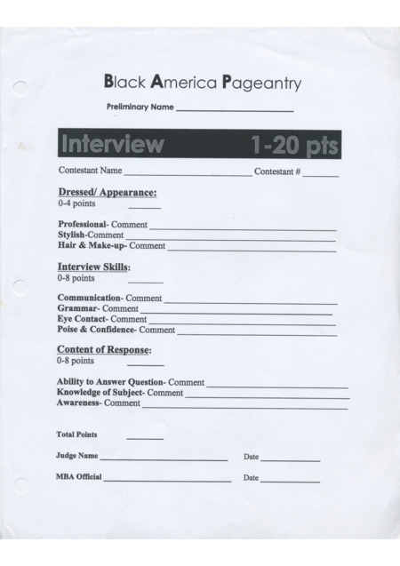 A judge's scoring card for the "Interview" category of Black American Pageantry. The text includes the sections "Dressed/Appearance," "Interview Skills," and "Content of Response". 
