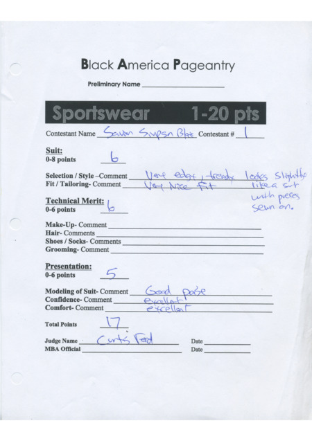 A judge's filled-out scoring card for the "Sportswear" category of Black American Pageantry. The text includes the sections "Suit," "Technical Merit," and "Presentation". 