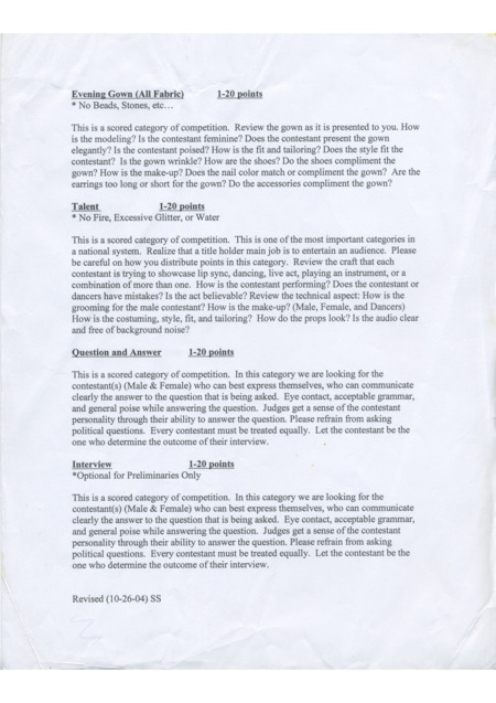 Second page of a document outlining the category information of Black American Pageantry. The text includes the categories of "Evening Gown (All Fabric)," "Talent," "Question and Answer," and "Interview". 