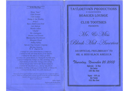 A program for "Mr. & Miss Black Mid-America", a pageant held at Soakie's on November 20, 2003. The document features details on the event schedule, emcees, judges, and Soakie's specials throughout the week.